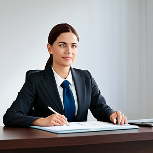 Home 14 ** A professional businesswoman in a modest business suit, sitting at a desk in a modern office, fully clothed, appropriate attire, safe for work, perfect anatomy, natural proportions, professional photography, high quality.
**