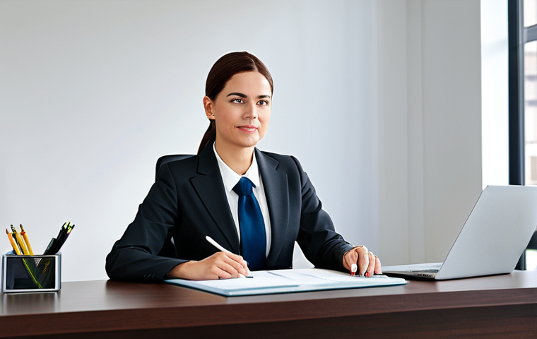 ** A professional businesswoman in a modest business suit, sitting at a desk in a modern office, fully clothed, appropriate attire, safe for work, perfect anatomy, natural proportions, professional photography, high quality.
**