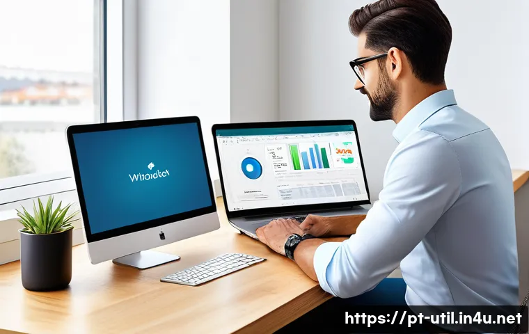 컴퓨터 파일 검색 유틸리티 추천 - A modern, bright home office setup with a Portuguese-speaking professional using a Windows laptop fo...