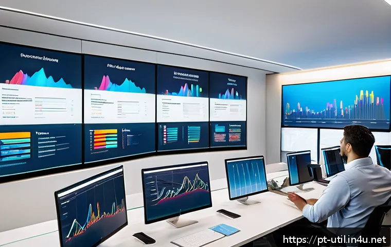 데이터베이스 관리 소프트웨어 추천 - A modern office environment with diverse professionals collaborating around a large digital dashboar...