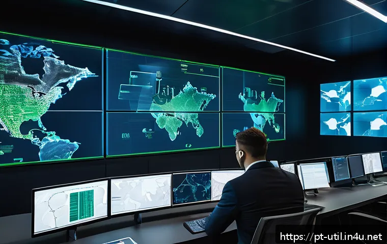 네트워크 보안 유틸리티 추천 - A high-tech corporate security operations center with a diverse team of professionals monitoring mul...