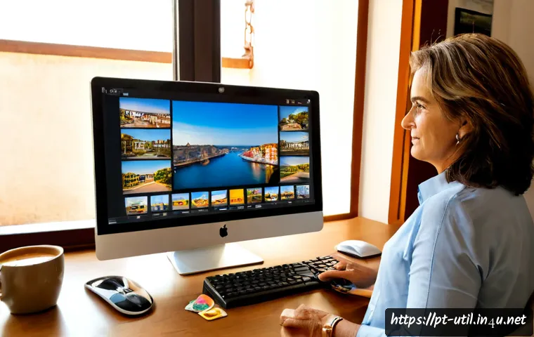 Home 17 포토 뷰어 대체 프로그램 추천 - Photorealistic modern home office in Portugal, a middle-aged woman comparing photo viewer applicatio...