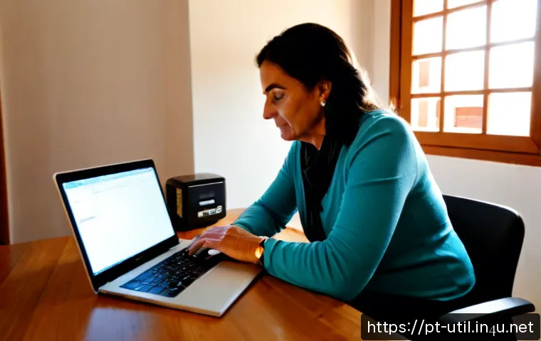 백업 유틸리티 소프트웨어 추천 - Photorealistic home office scene in Portugal, a middle-aged woman calmly using a laptop beside an ex...
